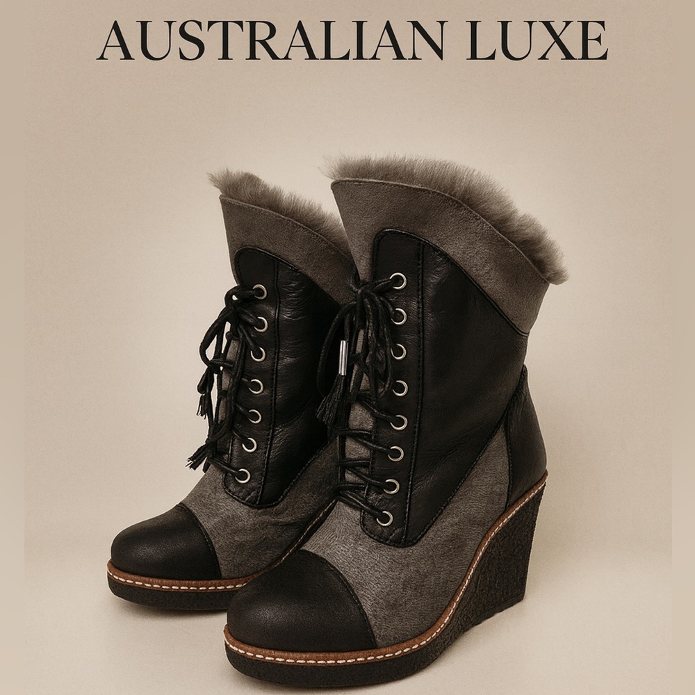 Australian Luxe Collective Shearling Wedge Lace-Up Boots Women’s 7 Black Gray F